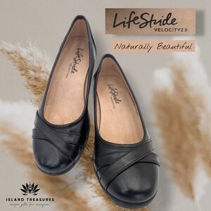 LifeStride I-Loyal Sz 9M Black Wedge Women Memory Foam Slip-On Shoe Cross Straps